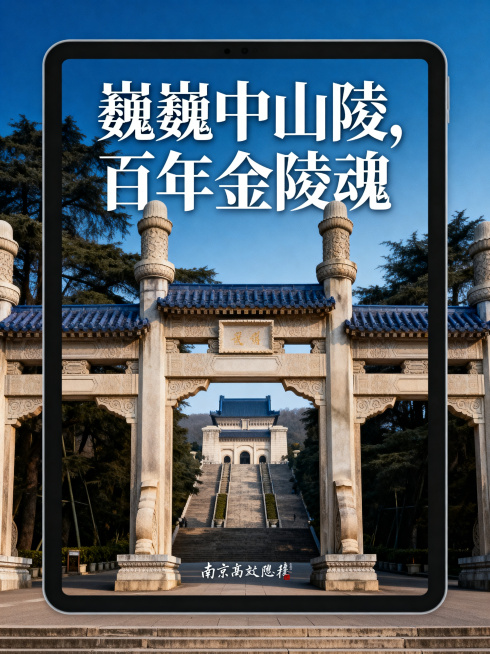 南京金陵文化宣传海报，中山陵，主题“巍巍中山陵，百年金陵魂”，高级复杂设计，pad尺寸竖版，配色庄重肃穆，蓝色渐变背景，前景是博爱坊，远处是中山陵台阶，顶部标题大字，底部标注落款，画质超高清，质感高级预览效果