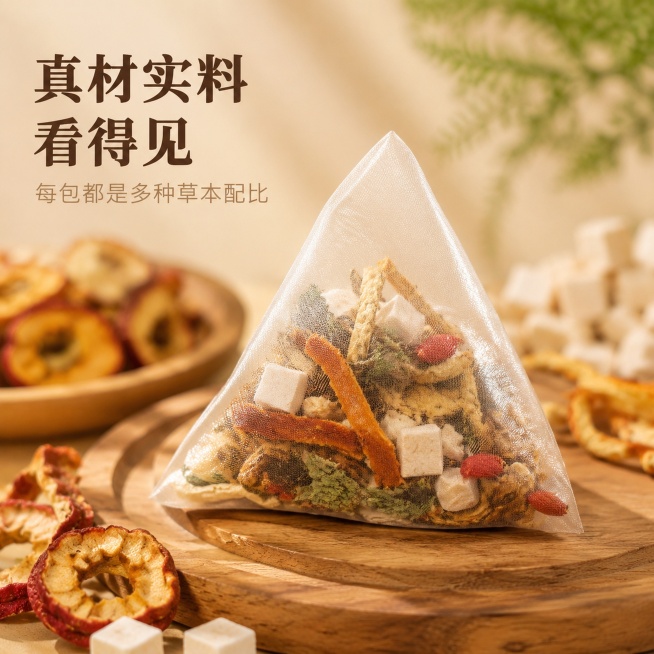 [主图-2] 养生茶核心原料展示主图。
[氛围风格] 清新自然，真实原生态，突出原料天然感；
[画质] 商业摄影质感、光线柔和通透、产品清晰真实、画面干净高级。
[元素] 三角茶包斜放在前方，清晰展示预览效果