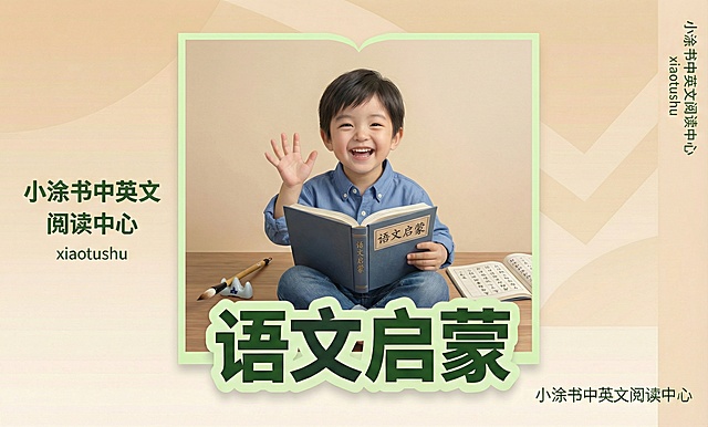 语文启蒙四个字放大1.3倍，小朋哟换成现代的衣服，手边会有一些中文元素