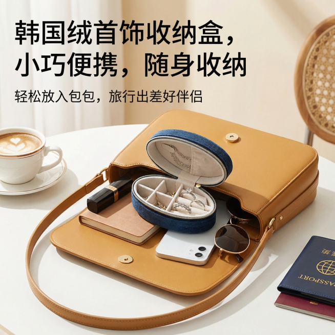 参考提供的图片，生成椭圆形韩国绒首饰收纳盒电商详情页，展示产品放在随身包包里的场景，突出小巧便携，可以轻松放入包包携带出门的特点，日常出行使用场景预览效果