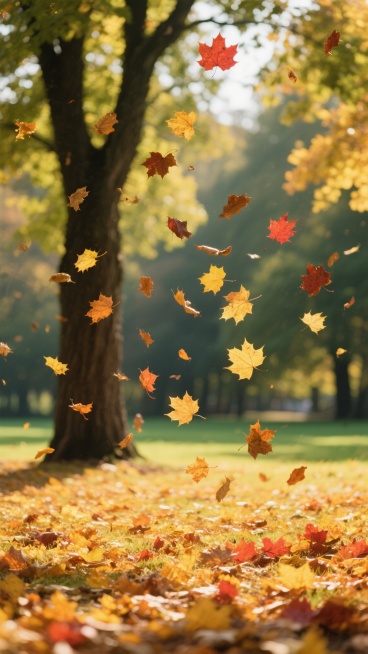 秋季公园的写实摄影，地面铺满金黄色和橙红色的落叶，阳光透过茂密的绿树洒下斑驳光影，大量枫叶和橡树叶在空中飞舞飘落，形成动态的秋日氛围，背景中可见粗壮的树干和模糊的绿色草地，整体色调温暖明快，光影对比柔和，细节清晰展现落叶的纹理和质感，营造出宁静而充满生机的秋日景象。预览效果