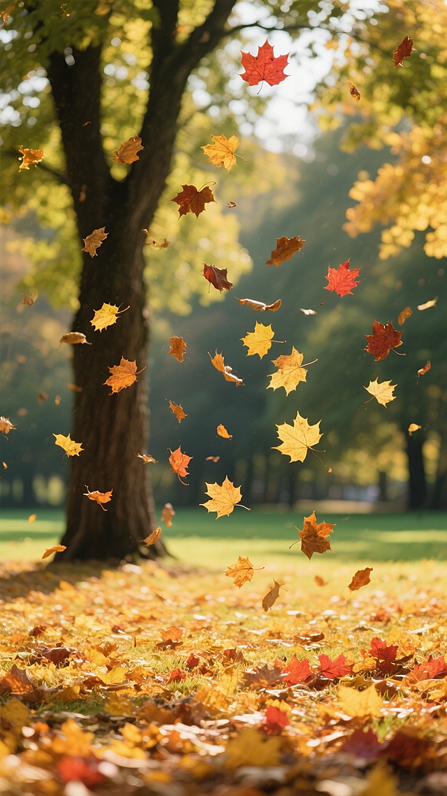 秋季公园的写实摄影，地面铺满金黄色和橙红色的落叶，阳光透过茂密的绿树洒下斑驳光影，大量枫叶和橡树叶在空中飞舞飘落，形成动态的秋日氛围，背景中可见粗壮的树干和模糊的绿色草地，整体色调温暖明快，光影对比柔和，细节清晰展现落叶的纹理和质感，营造出宁静而充满生机的秋日景象。
