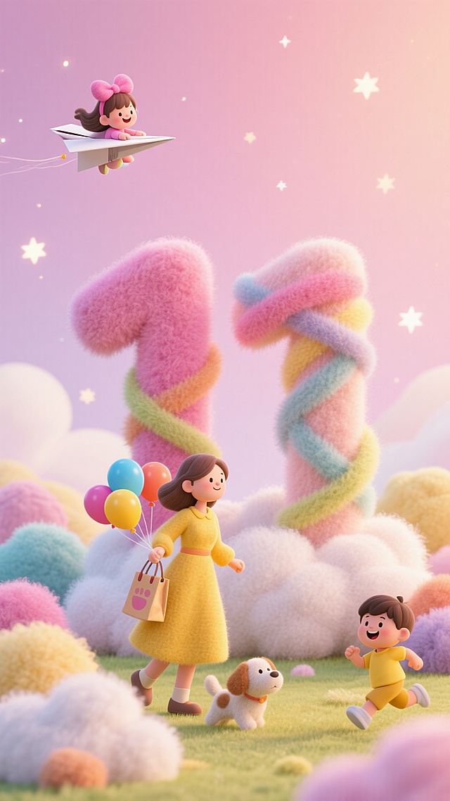 梦幻柔粉背景，毛绒质感的“11”数字与云朵交织，软3D卡通风格，萌趣人物与纸飞机共舞，甜蜜可爱，节日氛围满满。