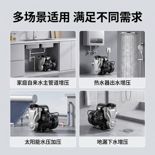 [主图 4] 不锈钢增压水泵多场景适用展示，氛围风格：专业简洁高级五金电商风，[画质]：商业摄影质感、光线柔和通透、产品清晰真实、画面干净高级。[元素]：顶部大标题，下方四宫格展示增压水泵四个适用场景预览效果