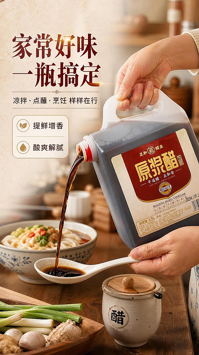 [商品] 使用【图1】正和醋业原浆醋（五度）1.5L桶装；保留桶身灰色半透明质感、红色瓶盖、白色提手、正面红金标签及所有标签文字，商品结构比例不变，标签清晰。
[画面] 目标：厨房真实使用场景，手部倒醋操作。构图：左文右图，右侧亚洲女性手部握住桶身提手，往白瓷汤勺中缓缓倒醋，醋液弧线优美，背景是虚化的中式厨房台面，有面条碗、调料罐、葱姜蒜等家常食材，营造烟火气。产品标签正面朝向镜头清晰可见。
[视觉] 套系策略：风格=中式传统烟火气高级商业摄影；标题字=宋体粗体带衬线，传统书法气质；正文字=简洁黑体；主色=深棕红（醋色）；背景延展=基于深棕红做深浅层级，暖木色台面+米黄宣纸质感底纹；强调色=金棕色，仅用于小面积图标、引线和标签高光；标题色=深棕红+金色渐变；正文色=深褐色；组件=圆角米黄底信息卡、细金线引线、印章式标签；光影=窗边自然暖光，柔和真实，醋液通透。
[文字] 左侧主标题"家常好味 一瓶搞定"，副标题"凉拌·点蘸·烹饪 样样在行"，下方2个卖点：【提鲜增香】【酸爽解腻】，文字不遮挡产品和手部动作，所有文字横排。
[规格] 图片比例9:16竖版，4K，避免变形、错字、文字过小、冷蓝灰背景、产品颜色改变、标签文字错乱、欧美面孔。