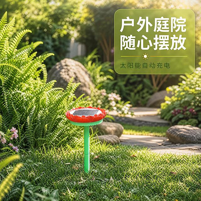 [主图-4] 户外庭院使用场景，展示产品插在花园草坪上的真实使用状态，体现户外太阳能供电的场景价值。
[统一基调] 淘宝/天猫专业品质风格，清新自然绿色系，主标题白色粗体大字，辅助文字深绿色，强调色为暖金色，圆角卡片样式，现代无衬线字体，整体干净通透有品质感。
[画面] 真实户外花园场景，绿色草坪上插着一支红色太阳能莲花播放器，绿色立杆插入土中，莲花造型的主机朝向阳光，周围有绿色蕨类植物与花草作为背景，远处有石头与小径，阳光从上方照射，营造温暖的午后氛围。产品位于画面中心偏左位置，占画面约35%，自然融入户外环境。背景有自然的景深虚化效果，突出产品主体。
[光影质感] 自然光摄影质感，阳光充足，植物叶片有通透感，产品表面有自然的阳光高光，地面有柔和的阴影，整体氛围温暖明亮。
[配色] 自然绿色系为主，红色产品在绿色环境中鲜明突出，阳光暖色调点缀，整体清新自然有生命力。
[文字版式] 画面右上角半透明圆角卡片内写主标题「户外庭院 随心摆放」，下方小字「太阳能自动充电」，文字不遮挡产品主体，放在天空或远景留白处。
[输出要求] 1:1正方形比例，场景真实自然，产品融入感强，光影真实。禁止产品悬浮、边缘硬切、穿模、变形。