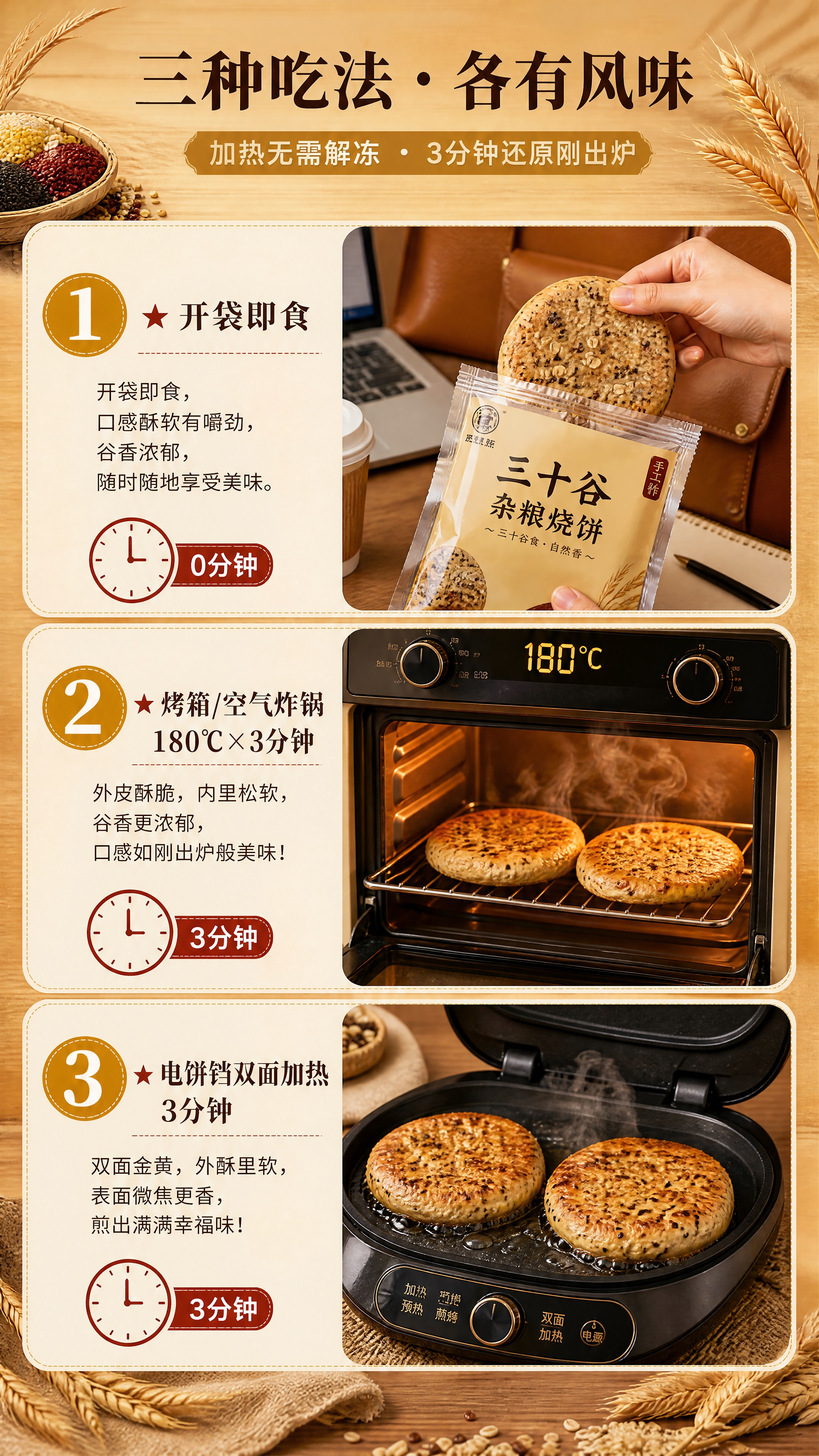 [商品] 三十谷杂粮烧饼的三种食用方式展示。 [画面] 食用方… - 图片创意预览