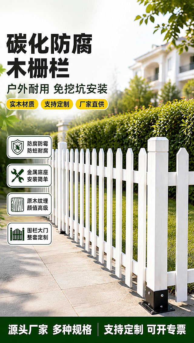 [商品] 使用【图1】白色碳化防腐木栅栏；保留白色实木竖板、尖顶造型、方形立柱、黑色镀锌金属底座、横向连接杆的结构与比例；保留白色漆面和原木纹理质感，金属底座螺丝细节清晰；产品朝向符合真实庭院围栏安装方向。
[画面] 目标：专业头图，建立户外耐用高端栅栏第一印象。构图：左文右图，产品占画面约65%，白色栅栏从右下向左上延伸形成纵深感。景别：中景偏全景。前中后景：前景灰色地砖+栅栏底部阴影，中景白色栅栏主体，后景虚化的绿色草坪、灌木丛和远处白色别墅建筑，阳光洒落。阅读动线：左上主标题→副标题→左下卖点标签→右侧产品主体。
[视觉] 套系策略：风格=户外自然清新商业摄影风；标题字=粗黑无衬线黑体；正文字=简洁无衬线体；主色=白色+森林绿；背景延展=基于森林绿做深浅层级、同色渐变和自然木纹/草地质感；强调色=暖黄色，仅用于小面积标签、图标和高亮；标题色=深炭灰/白色（依背景）；正文色=中灰/深灰；组件=圆角白底信息卡、绿色细线图标、黄色标签；光影=午后暖调自然光，左前侧主光，栅栏投下清晰阴影。
[文字] 左上区域主标题「碳化防腐木栅栏」（8字），副标题「户外耐用 免挖坑安装」（10字）；下方配3个黄色圆角标签：「实木材质」「支持定制」「厂家直供」；底部绿色通栏文字「源头厂家 多种规格 | 支持定制 可开专票」。文字均为横排，不遮挡栅栏主体立柱和竖板。
[规格] 图片比例9:16竖版，4K分辨率，负向提示：避免变形、错字、文字过小、冷蓝灰调、栅栏结构改变、底座缺失、PVC塑料质感、绝对化用语、平台Logo水印。