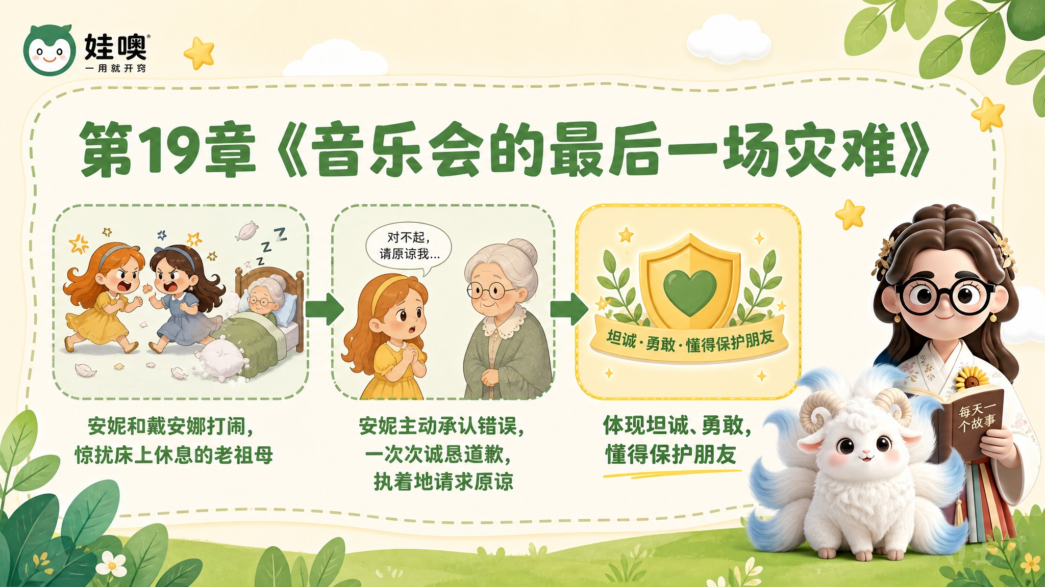A4横版儿童教育PPT页面，清新杏色和绿色可爱风格，浅杏色背景… - 图片创意预览