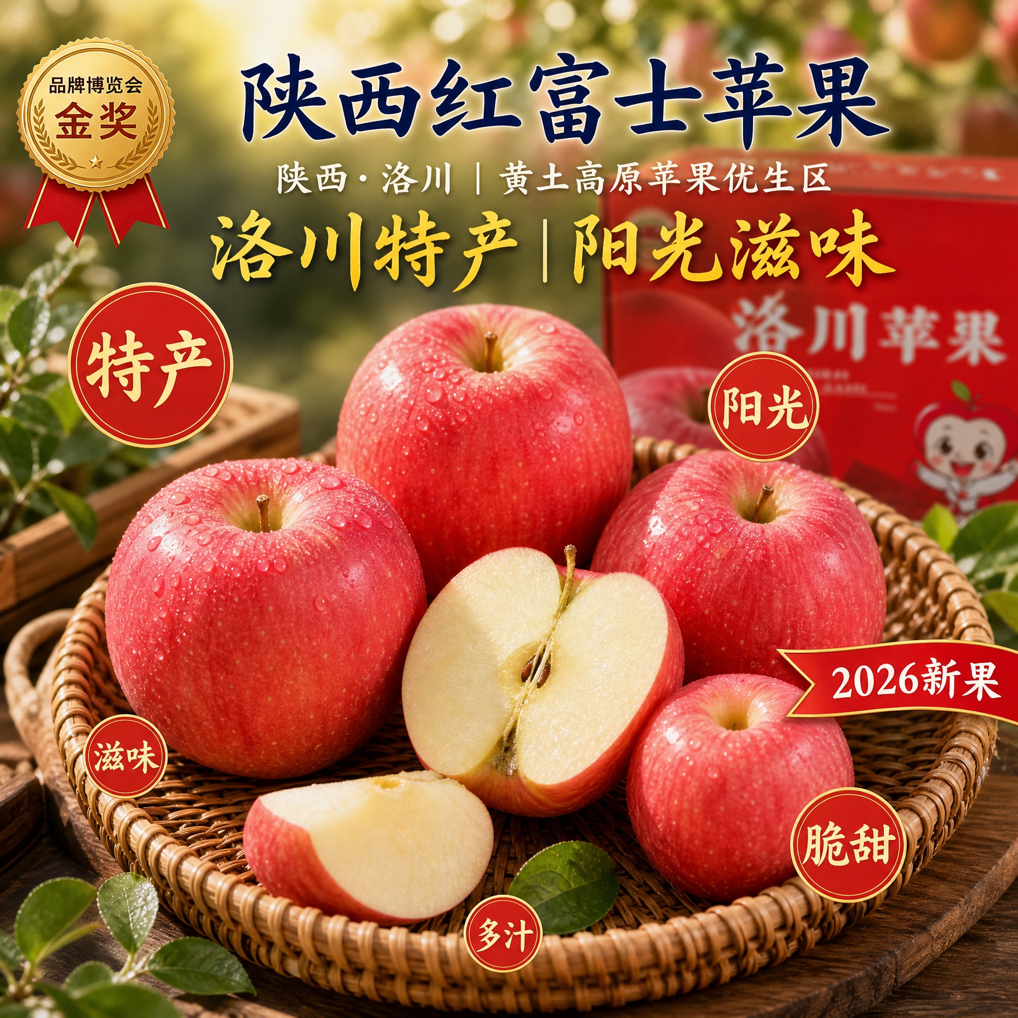 [主图9] 陕西洛川红富士苹果京东生鲜电商主图，藤编筐场景，突… - 图片创意预览