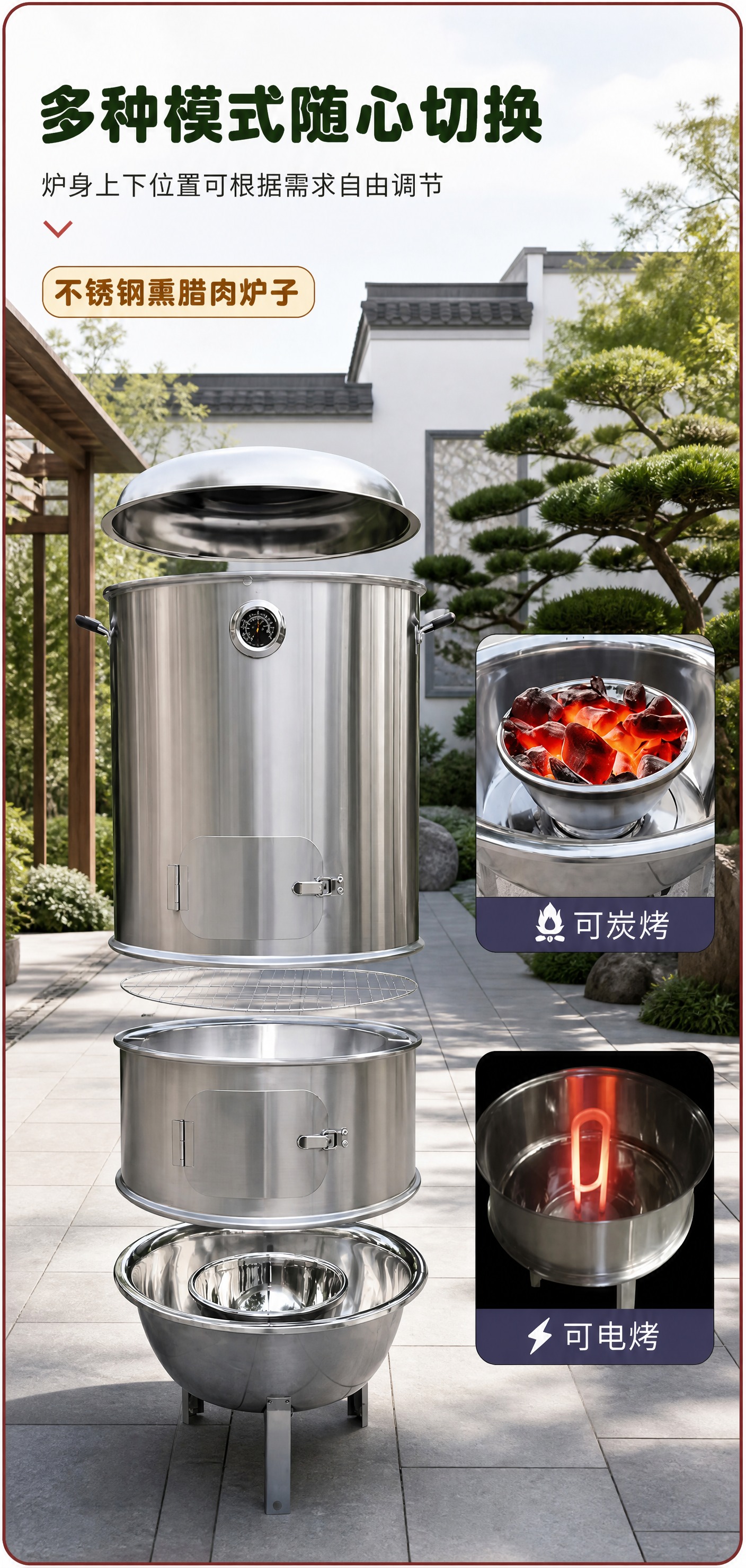 对这张不锈钢熏肉炉详情页结构拆解页做防比价重绘：炉体爆炸图、右… - 图片创意预览