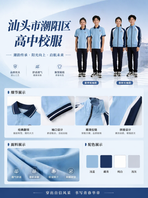 基于参考图中的汕头市潮阳区高中校服款式，设计一张高级感宣传海报。海报需要包含以下内容：1.设计感字体的"汕头市潮阳区高中校服"主题标题，所有文字为简体中文，清晰规整可读，无乱码错字；2.模特展示区展示预览效果