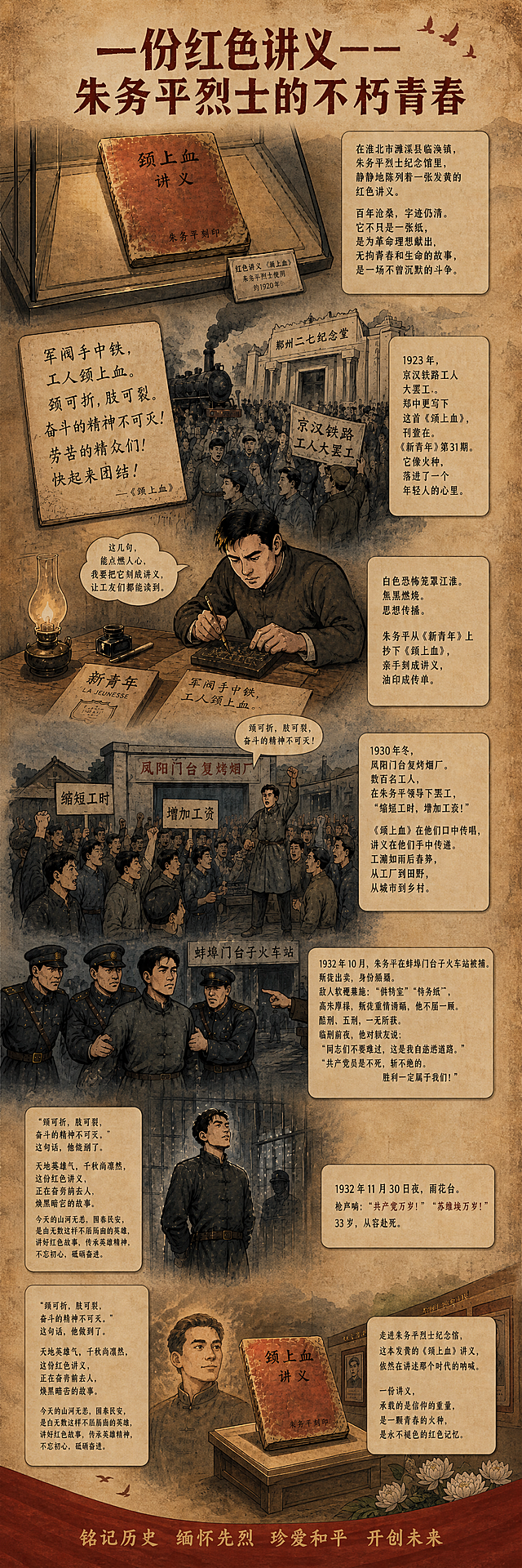 在现有内容基础上增加图片长度，加大图文间距，让整体排版更加宽松透气，保持红色革命复古漫画风格不变，主题一份红色讲义——朱务平烈士的不朽青春