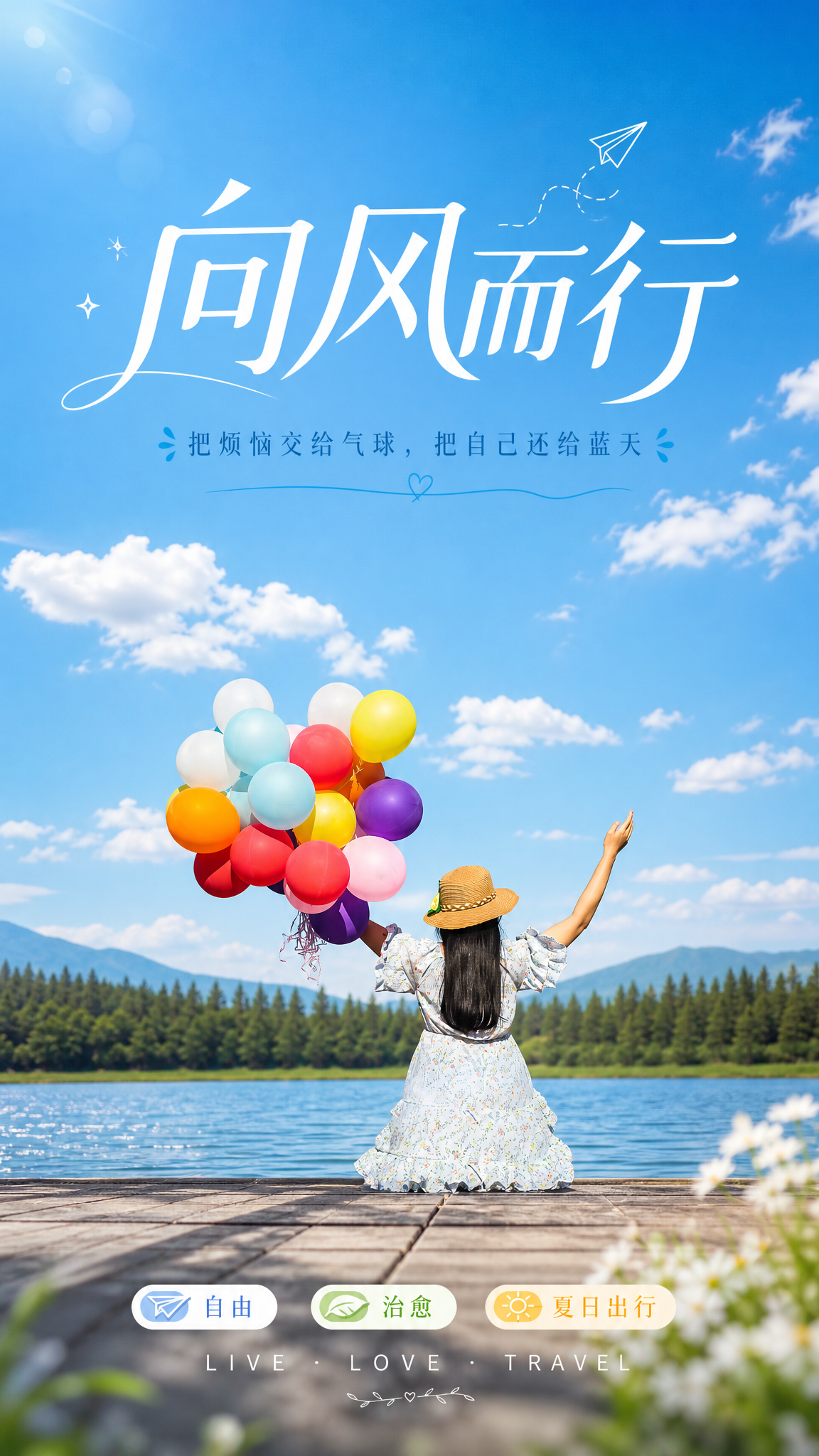 基于这张气球少女背影照片，设计一张清新治愈的旅行生活方式海报。… - 图片创意预览