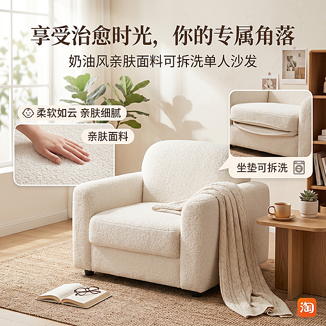 淘宝电商主图，商品是单人沙发，风格为家居治愈风，突出卖点亲肤面料，坐垫可拆洗，正方形1:1构图，清新柔和，家居场景展示