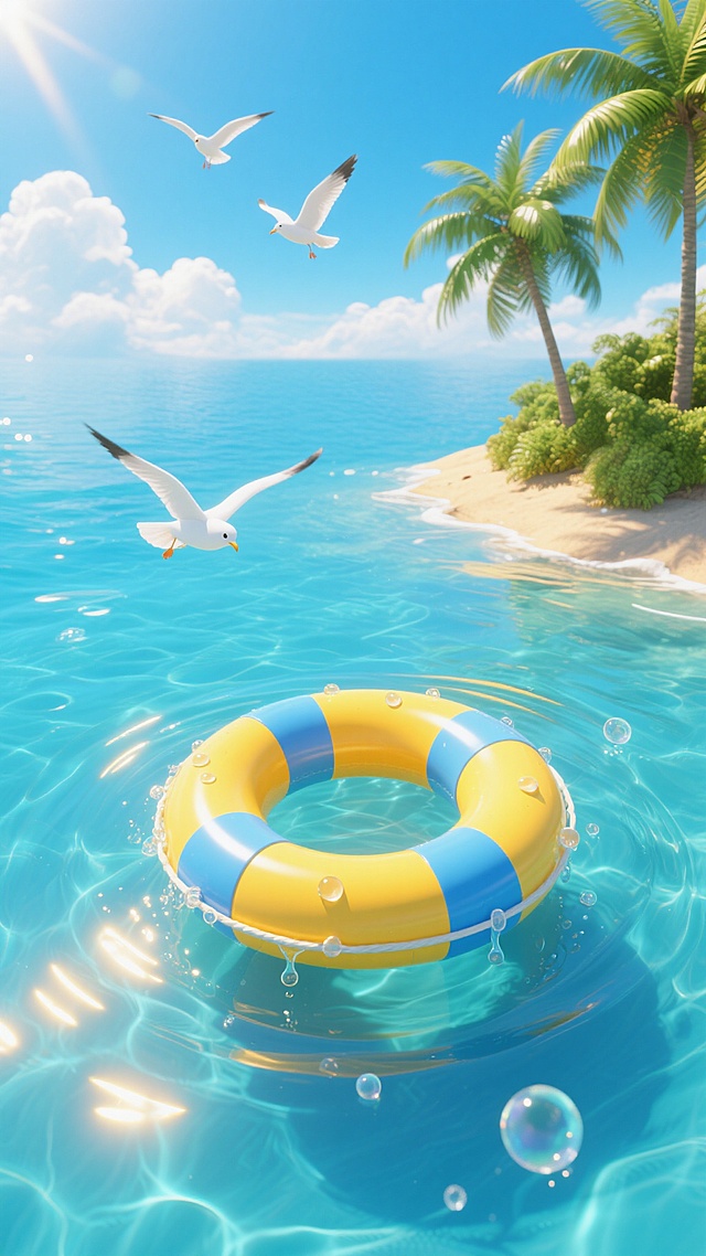 俯瞰视角，清澈如蓝宝石的海面上，一个巨大的立体黄色救生圈带着蓝色螺旋条纹漂浮在中央，救生圈边缘有晶莹的水珠正缓缓滴落，周围环绕着一圈圈向外扩散的涟漪和透明水泡；右侧远处一座被茂密绿色棕榈树覆盖的小岛，几棵棕榈树的叶子在微风中轻轻摇曳，投下斑驳的光影；天空湛蓝明亮，几朵蓬松的白云点缀其间，三只白色海鸥正展翅掠过救生圈上方；阳光从画面左上角斜射下来，在水面上形成金色的波光粼粼效果，救生圈和棕榈树都有明显的高光和阴影，增强立体感；整体色调以清澈蓝、阳光黄和自然绿为主，色彩明快和谐，充满夏日活力与清凉感。