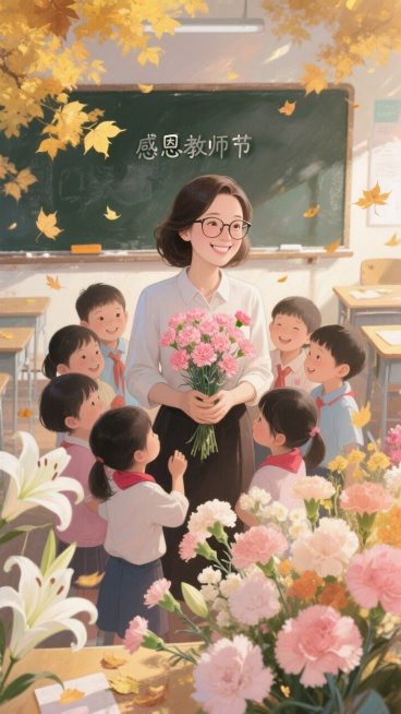 暖黄与柔粉交织的画面里，中心是戴眼镜的微笑女教师，双手捧着粉康乃馨。周围围着几个可爱的小学生，满是敬爱与亲昵。

教室背景中，黑板隐约可见，金黄秋叶悠悠飘落。前景与四周点缀着百合、康乃馨等柔色鲜花，细预览效果