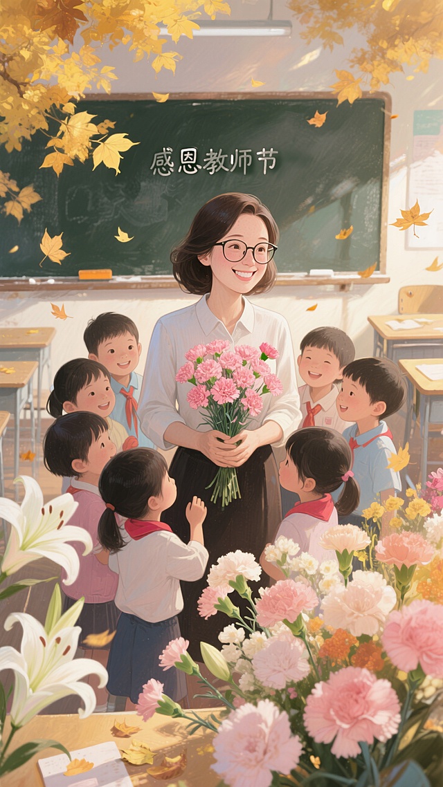 温馨插画风，漫画手法描绘教师节场景，学生献花，满溢感恩与温暖。