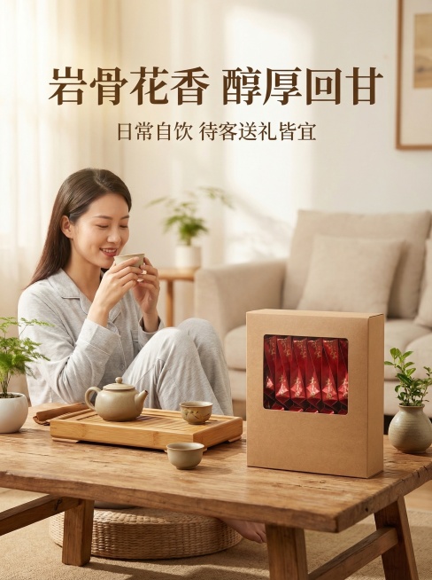 基于提供的大红袍礼盒图片，生成拼多多电商主图，舒适简约家居治愈风格，柔和暖光。场景为居家客厅原木茶桌，一位身着浅灰家居服的亚洲女性正手持茶杯品尝茶汤，表情放松愉悦，大红袍礼盒摆放在茶桌旁，旁边搭配茶盘预览效果