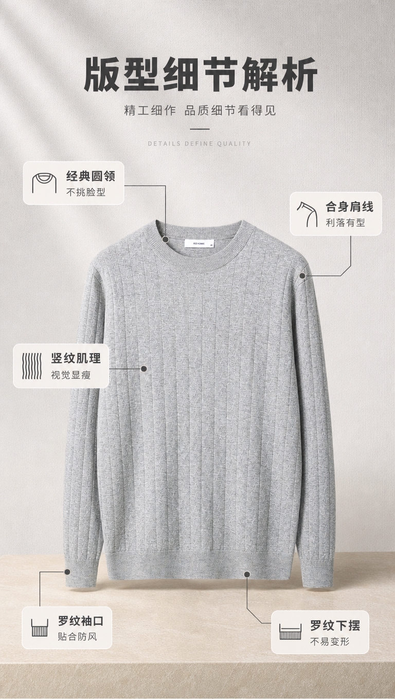 [商品] 使用【图1】浅灰色男士圆领竖纹针织衫；商品处理：保留… - 图片创意预览