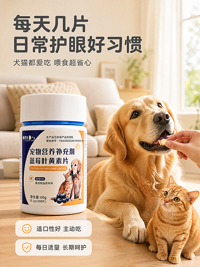 [商品] 使用【图1】宠物营养补充剂蓝莓叶黄素片；保留白色瓶身、瓶盖、蓝色密封圈、所有标签图案与文字；不使用尊养仕字体风格，品牌文字保持原样；产品放在场景中自然融入，标签正面朝向镜头。
[画面] 页面目标：场景种草页，展示日常居家喂食场景，传递日常护眼习惯。构图：左产品右场景的自然生活构图，产品瓶身放在前景左侧木质地板上，占画面约40%；中景右侧是温馨居家客厅一角，一只手正拿着1片叶黄素片喂给面前的金毛犬，旁边橘猫蹲坐等待；背景是虚化的沙发和落地窗，阳光从窗外柔和照入；整体氛围温馨自然，有生活气息。
[视觉] 套系策略：风格=高清实拍自然光柔光商业摄影；标题字=圆润无衬线粗体（非尊养仕字体）；正文字=简洁无衬线细体；主色=浅米白暖调；背景延展=居家暖调环境，浅木色+米白沙发的温馨质感；强调色=暖橙色，仅用于小面积图标和标签；标题色=深炭灰；正文色=中暖灰；组件=圆角浅底信息卡；光影=右侧窗光自然光，暖调柔和，阴影通透自然。
[文字] 左上主标题「每天几片 日常护眼好习惯」，副标题「犬猫都爱吃 喂食超省心」；左下角两个圆角小标签：「适口性好 主动吃」和「每日适量 长期呵护」；所有文字横排，放在左上和左下负空间，不遮挡产品主体和喂食动作。
[规格] 比例3:4竖版，4K，避免变形、错字、文字过小、医疗功效宣称、绝对化用语、宠物畸形、手部畸形、尊养仕字体风格。