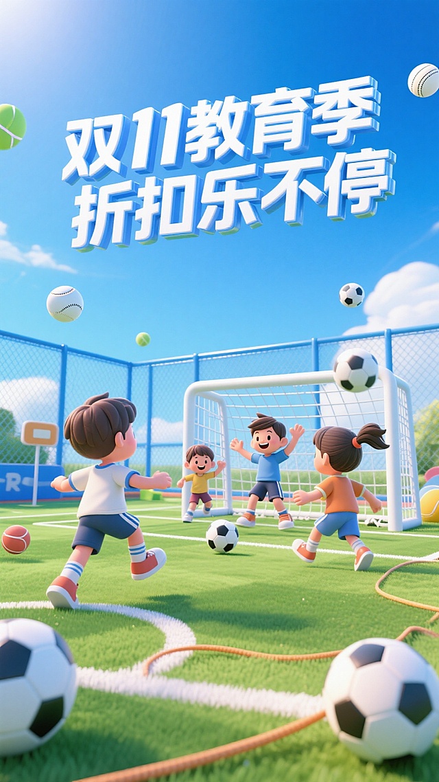 蓝天操场背景。在足球门前有小朋友们运动、玩闹，点缀足球、网球、围栏、跳绳等元素，主标题立体字“双11教育季 折扣乐不停”