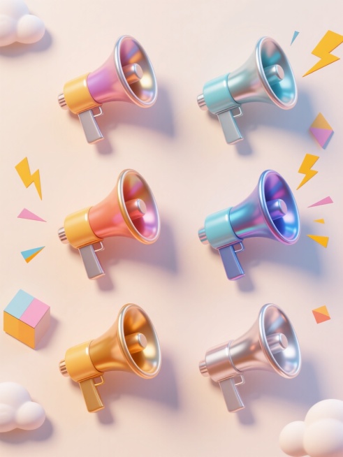 3D渲染风格，六个不同配色、不同样式、不同材质的喇叭造型，采用上下两行对齐排列，浅色背景，每个喇叭具有金属质感的渐变色彩，高光和阴影细节丰富，表面光滑有光泽，周围点缀着几何形状的闪电和云朵装饰元素，整体构图均衡，营造出欢快、活泼的促销氛围，视觉层级清晰，信息传达高效，符合现代促销海报的设计感。预览效果