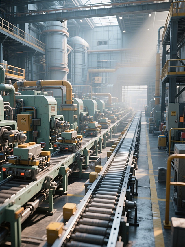 工业制造园区内的生产流水线处于低速运转状态，横移镜头沿流水线走向平稳移动，完整展现生产环节的运行状态，3D写实游戏风格，逼真精细建模