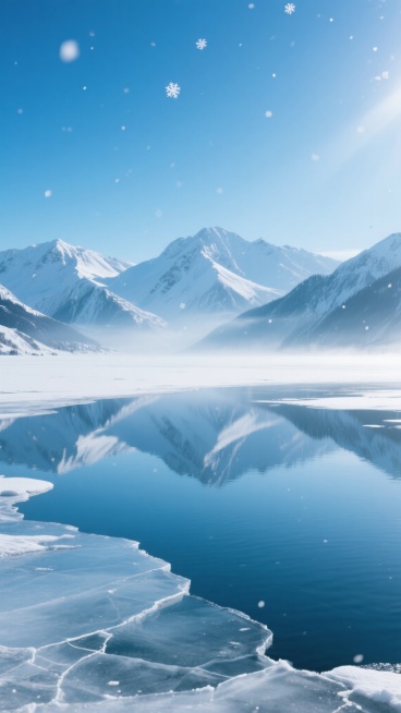 超写实摄影风格的雪山湖泊全景，纯净的蔚蓝色渐变天空与白雪覆盖的连绵山脉形成鲜明对比，前景是冰封湖面呈现出清晰的山脉倒影，山间萦绕着淡淡的薄雾增添层次感。画面整体采用高清晰度、细腻的光影处理，阳光从侧上方照射形成柔和的阴影过渡，雪山表面的纹理与冰面的裂痕细节清晰可见。轻盈的雪花从天空中缓缓飘落，部分雪花点缀在近景的冰面上，营造出宁静而圣洁的冬日氛围，色彩以蓝白为主色调，整体构图遵循三分法，保持画……预览效果