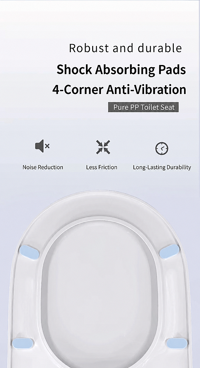 Replace all Chinese text with English. Keep product appearance, layout, composition, color scheme, three icons (speaker with X, arrows, clock), four blue pads and all visual elements exactly the same as input image. Only change the language of text.

Original Chinese text to replace:
- 减震垫座 → Shock Absorbing Pads
- 四角辅助抗震 → 4-Corner Anti-Vibration
- PP纯料盖板 → Pure PP Toilet Seat
- 减少噪音 → Noise Reduction
- 减少摩擦 → Less Friction
- 持久耐用 → Long-Lasting Durability

Keep the existing English text "Robust and durable" unchanged. Keep the gray rectangular label style, font sizes, and all text positions exactly the same. Product unchanged.