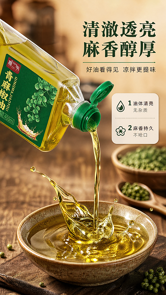 [商品] 使用【图2】雅二爷青麻椒油400ml单瓶白底图；保留透明方瓶、绿色瓶盖、绿色标签、雅二爷Logo、青麻椒油字样、400ml净含量文字；商品处理：保留瓶身原貌，瓶身倾斜做倾倒动作，油液从瓶口流出。
[画面] 目标：口感质地特写页，展示油液清澈透亮、麻香浓郁的质感。构图：动作瞬间型，左侧倾斜倒出的油瓶，右侧油液飞溅落入粗陶小碗，油线连贯有光泽。主体位置：油液飞溅与碗为视觉中心，占画面55%，油瓶在左上。景别：近景特写。阅读动线：从左上油瓶到中部油液再到下方碗。前中后景：前景碗中油面波纹、中景油液飞溅弧线、后景虚化青花椒与木勺。
[视觉] 套系策略：风格=中式家常烟火气商业摄影；标题字=宋体粗体（厚重有食欲）；正文字=简洁黑体；主色=深墨绿+暖木棕；背景延展=基于暖木棕做深浅层级、同色渐变和木质台面质感；强调色=青花椒绿，仅用于小面积图标、引线和标签；标题色=深墨绿；正文色=深棕灰；组件=圆角浅底信息卡、细线引线、油滴小图标；光影=左前侧暖柔光，油液有金色高光与通透感。
[文字] 右上主标题「清澈透亮 麻香醇厚」，副标题「好油看得见 凉拌更提味」，下方2个短卖点：①油体清透无杂质 ②麻香持久不呛口；文字区在右上，不遮挡油液飞溅主体。
[规格] 京东平台单屏9:16竖版，4K，负向提示：避免变形、错字、文字过小、冷蓝背景、瓶身文字错乱、极限词违禁词、京东Logo或水印。