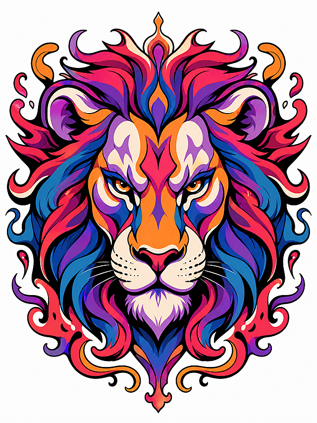 参考图中的插画风格和配色方案，生成一只狮子的正视图头像，潮流插画风格，配色为红色、蓝色、紫色、橙色，美式街头纹身风格，对称设计，白色背景，粗黑线描边，鲜明撞色