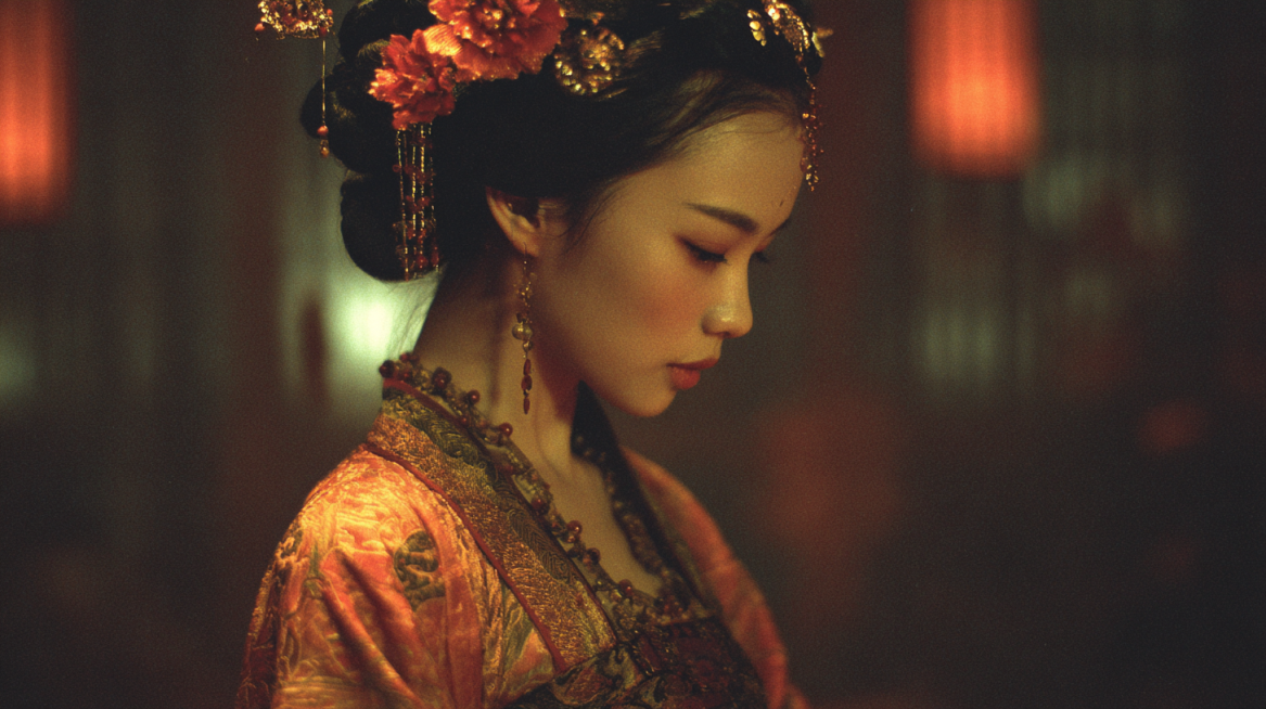 Real film photo of a graceful ancient Chinese lady, wearing a gorgeous thin shirt, with a fiery figu预览效果