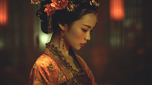 Real film photo of a graceful ancient Chinese lady, wearing a gorgeous thin shirt, with a fiery figure, extreme waist-to-hip ratio, alluring and charming, traditional ancient Chinese style, cinematic film grain, soft warm ambient lighting, detailed and realistic facial features