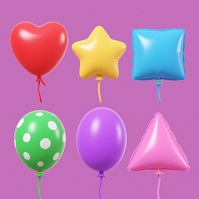 六个不同造型的彩色气球系列素材集合，每个气球保持相同的圆润3D质感、光滑乳胶材质、清晰高光和阴影细节，纯色背景，规整排布。第一个是红色心形气球配红色细绳，第二个是黄色星星形气球配黄色细绳，第三个是绿色圆形带白色波点气球配绿色细绳，第四个是蓝色方形气球配蓝色细绳，第五个是紫色椭圆形气球配紫色细绳，第六个是粉色三角形气球配粉色细绳，整体风格统一，色彩明快，每个气球独立展示，间距均匀，构图对称平衡，适合作为装饰素材使用。