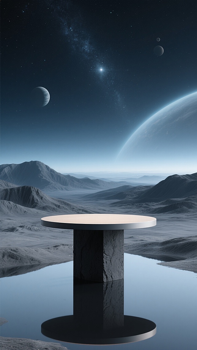 深邃宇宙星空背景，点缀着朦胧星球与闪烁星辰，地平线上是起伏的灰色山峦地貌，表面有细腻纹理，光线从地平线柔和渐变，营造神秘幽静氛围。画面中央是一个展台，展台由黑色基座和光滑的浅色台面组成，台面边缘呈弧形，基座有粗糙质感，整体设计简约现代，展台下方有水面倒影，与星空和山峦形成和谐的科幻场景，整体色调以深蓝、灰色为主，光影过渡自然，具有高级3D渲染的细腻质感和空旷辽阔的视觉效果。