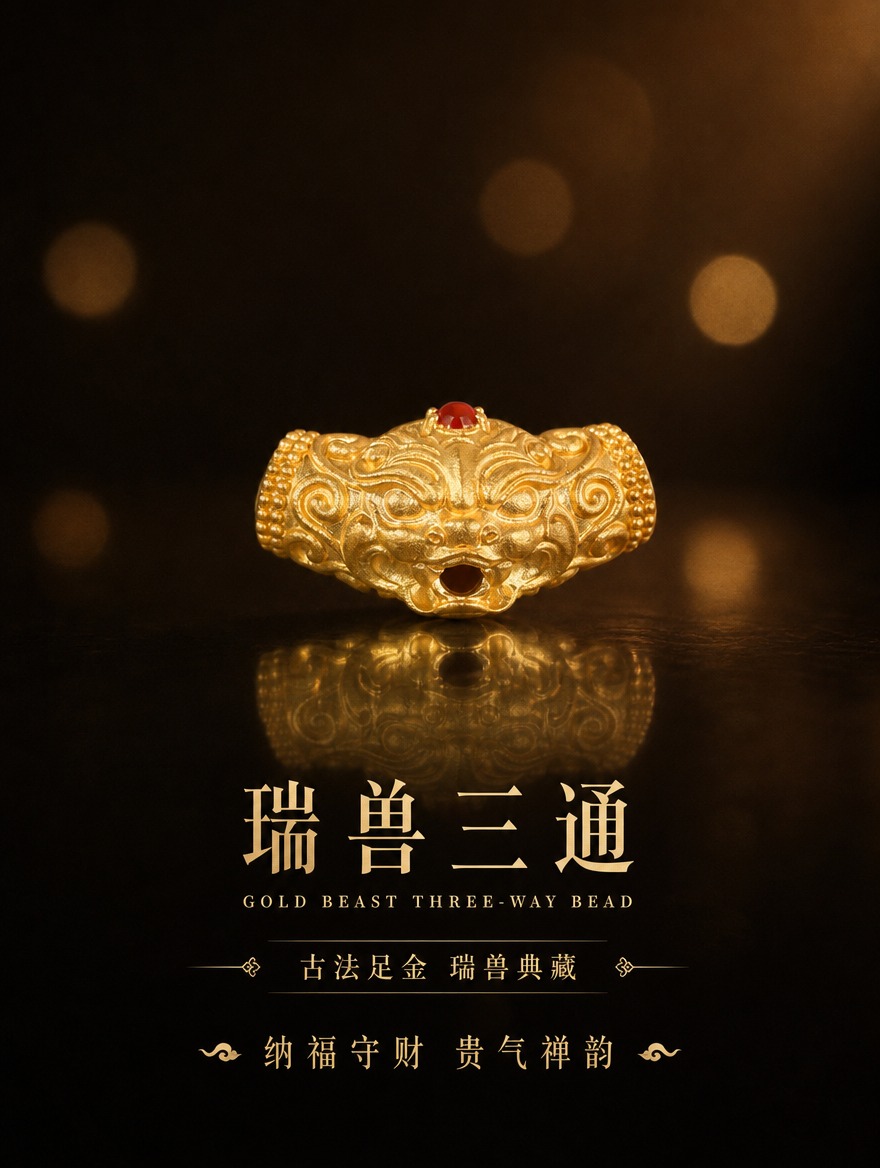 古法黄金瑞兽三通配饰详情页首图，暗调黑金国风高级感。画面中央展… - 图片创意预览