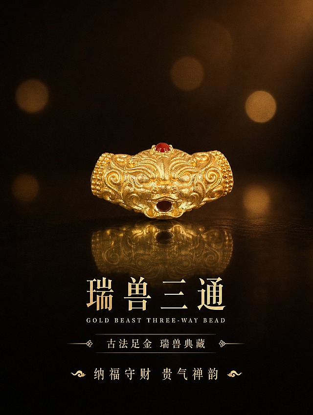 古法黄金瑞兽三通配饰详情页首图，暗调黑金国风高级感。画面中央展示古法哑光金瑞兽三通正面，保留红色宝石头顶镶嵌、卷草纹珠边雕刻、三通通孔结构。深棕黑色渐变背景，暖黄色圆形光斑散景点缀，底部有柔和倒影。侧顶暖光照明，金属高光层次丰富。下方文字：主标题瑞兽三通，英文副标题GOLD BEAST THREE-WAY BEAD，定位语古法足金 瑞兽典藏，slogan纳福守财 贵气禅韵。古典宋体字，浅金色文字，横向排版。竖版3:4比例，4K高清商业珠宝摄影质感。