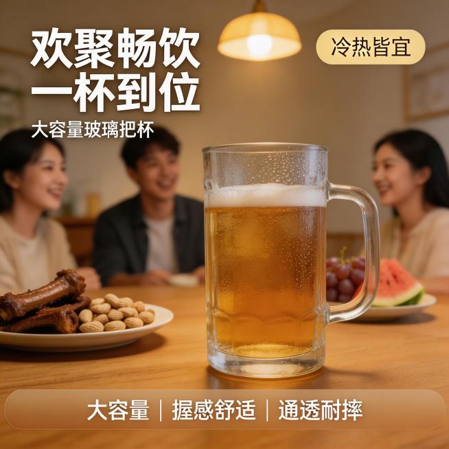 [垫图]输入图
[主图主题]透明玻璃扎啤杯居家聚会首图
[氛围/风格]温馨居家风格，暖黄自然光漫射，朋友聚会轻松氛围感
[画面元素]透明玻璃扎啤杯居中，杯中盛放半杯冰啤酒，杯壁附着细密水珠；背景为原木预览效果