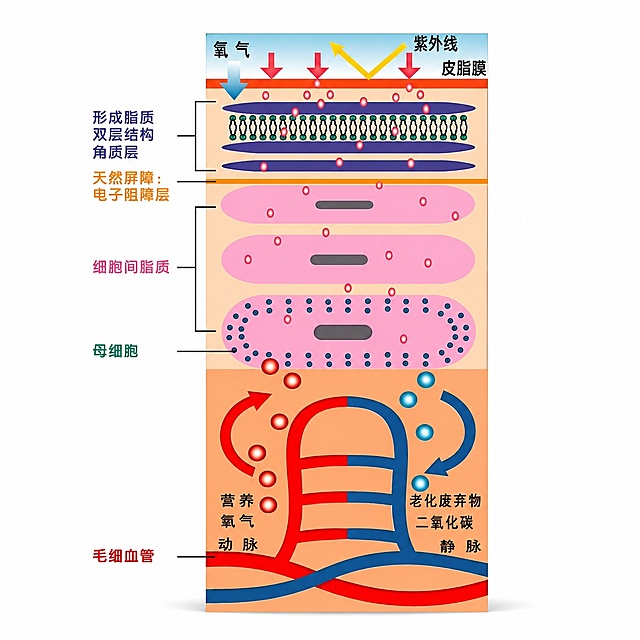 产品精修，皮肤结构示意图置于纯白背景上，专业商业棚拍光，5500K标准中性白光，轮廓光，体积光，曝光正确，强烈真实立体感，接地处保留干净浅淡的自然接触阴影，严禁大片投影、脏灰阴影和悬浮感，主体居中，示意图完整入画不裁切，示意图外轮廓视觉体量约画面60%-80%，四边均匀留白约10%-20%，严禁满幅铺满与贴边顶满，极致超清画质，细节清晰锐利，4K分辨率，商业级质感，保留原图真实结构与文字细节，去除背景残留杂色，锁定原图示意图轮廓、结构、部件位置、连接关系、标签文字和所有标注细节，只做精修不重绘结构，严格保持原图透视，正常透视焦段，保持正视图机位，比例1:1