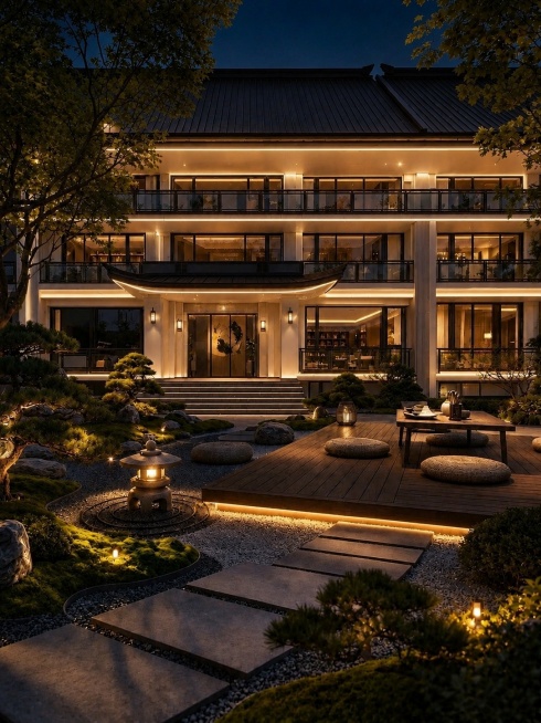 为该庭院图片制作夜景灯光效果，在屋檐、台阶、墙体边缘增加灯带，在景观中适当增加景观灯，保留原图的整体布局和建筑景观结构。预览效果