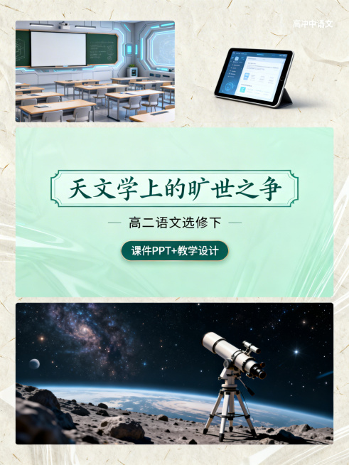 上区1/8是现代科技风高中语文课堂，有电子白板、平板；中区3/8是独立淡绿色背景，第一行色框填充瘦金手写字体的"天文学上的旷世之争"，第二行每个文字居中排布的"高二语文选修下"，第三行圆角矩形框的"课预览效果