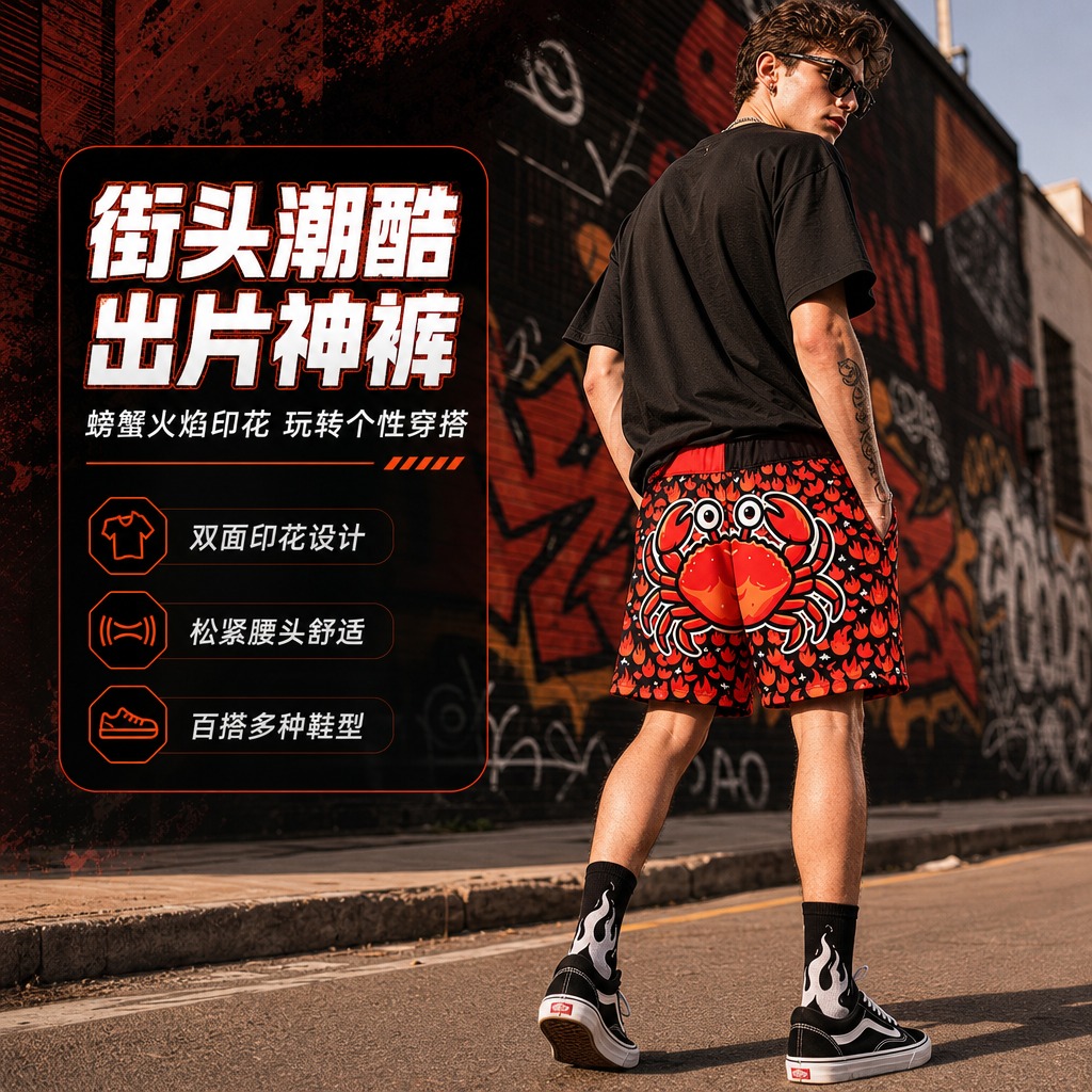 [商品] 使用【图1】火焰螃蟹印花休闲短裤；商品处理：保留正面… - 图片创意预览