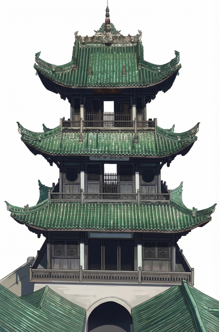 将这栋华光楼古建筑转为动漫插画风格，只保留这一栋建筑，背景设为空白，去除图片里所有文字预览效果
