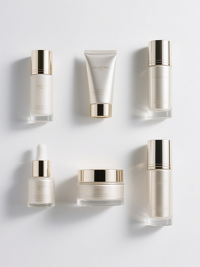 白色纯色背景上，六个不同的护肤品瓶子规整排布，每个瓶子都采用类似原图的高端设计风格，具有光滑的表面、精致的瓶盖和优雅的线条，整体呈现出简洁而奢华的视觉效果，传达出护肤品的高品质和专业性。