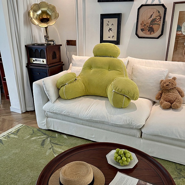 将第一张图片里的绿色靠垫替换为第二张图片里的绿色靠垫，其他元素保持不变，靠垫要和第二张图片里的完全一致