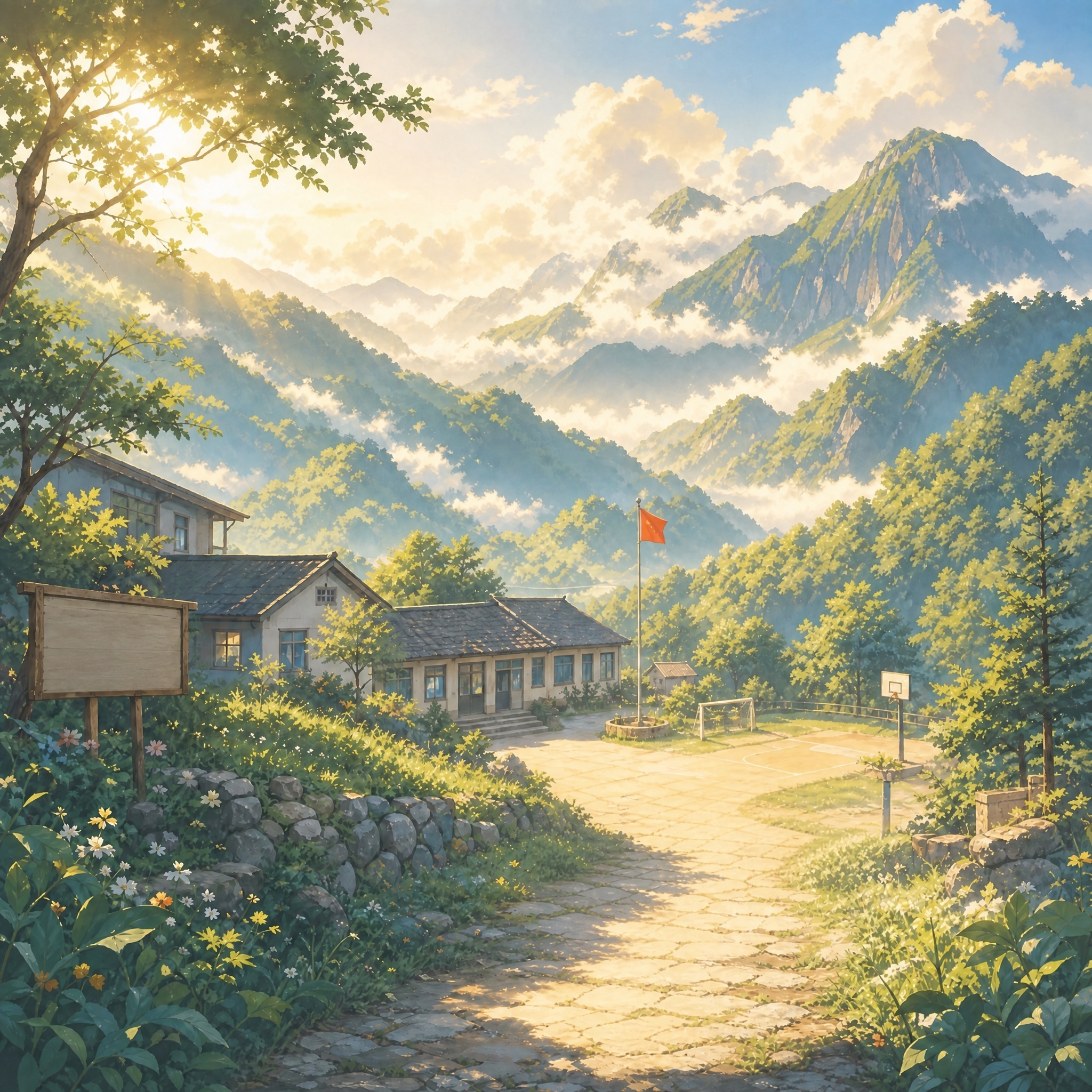 去掉画面中的所有人物和左侧木牌上的文字，保持山间小学、群山、云… - 图片创意预览