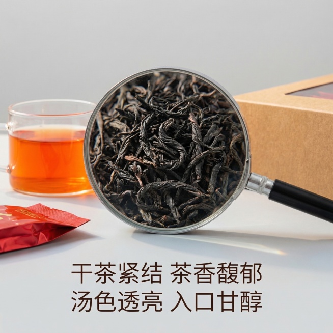 【主图3】大红袍细节展示，现代简约风格，自然暖光。画面中心用放大镜效果放大展示紧结的干茶条索纹理，周围摆放茶汤、独立小泡包装、礼盒包装的局部特写，背景为浅灰色简约纯色。底部悬浮卖点文字：“干茶紧结 茶预览效果