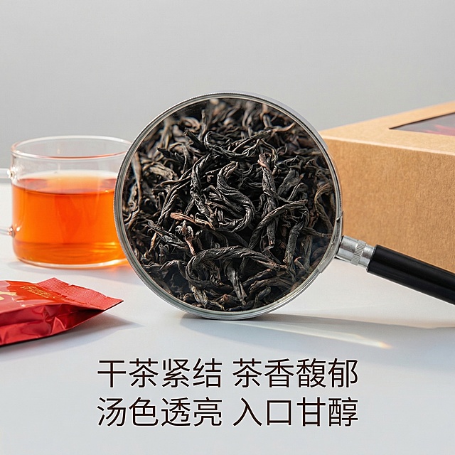 【主图3】大红袍细节展示，现代简约风格，自然暖光。画面中心用放大镜效果放大展示紧结的干茶条索纹理，周围摆放茶汤、独立小泡包装、礼盒包装的局部特写，背景为浅灰色简约纯色。底部悬浮卖点文字：“干茶紧结 茶香馥郁”、“汤色透亮 入口甘醇”，字体为无衬线细体，深棕色，整体通透不杂乱。