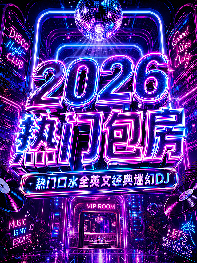 制作3:4比例的抖音视频封面，延续经典迷幻霓虹风格，蓝紫渐变霓虹多层空间隧道，复古迪斯科氛围感，主标题大字为"2026热门包房"，副标题"热门口水全英文经典迷幻DJ"，使用炫酷发光立体字体，设计有氛围感不简约